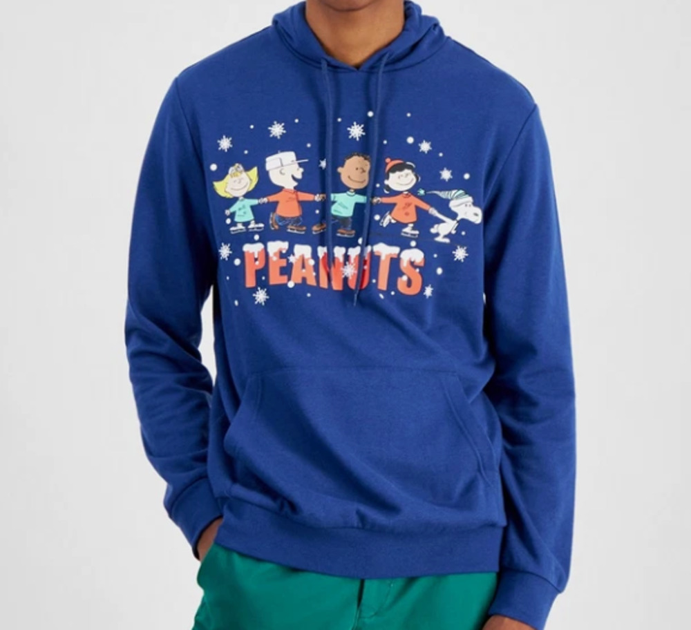 Hybrid Men Peanuts Holiday Skating Printed Fleece Hoodie XXL
